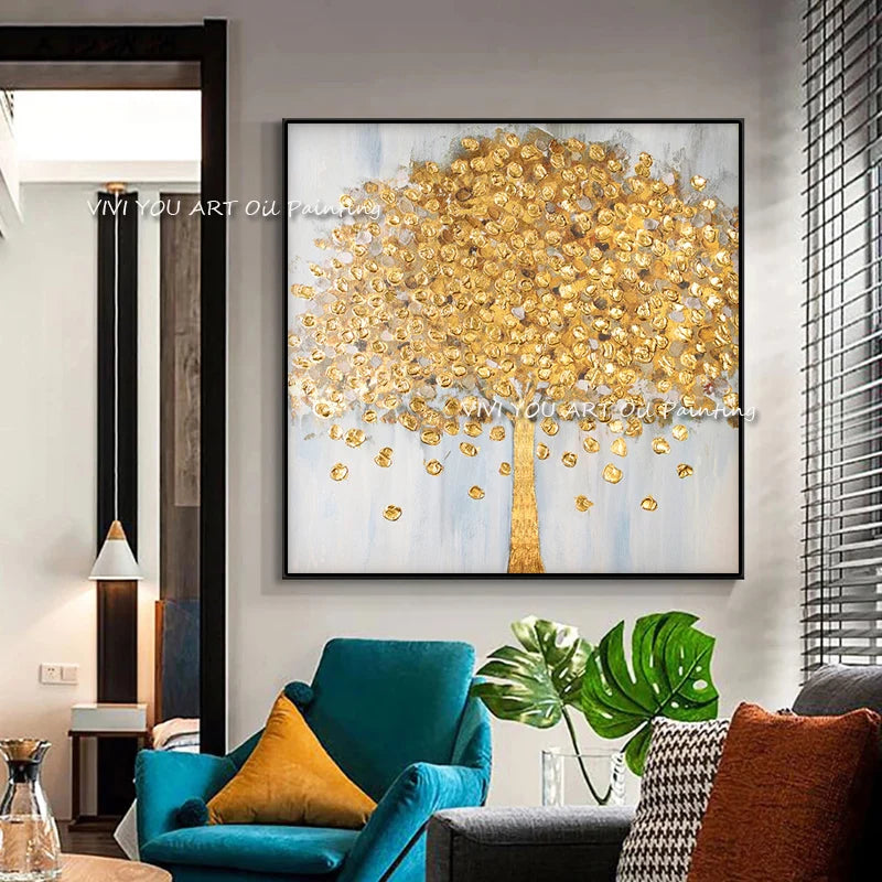 Handpainted Abstract Gold Tree Nature Oil Paintings Painting Wall for Home Fall Leaf Forest Landscape Decor