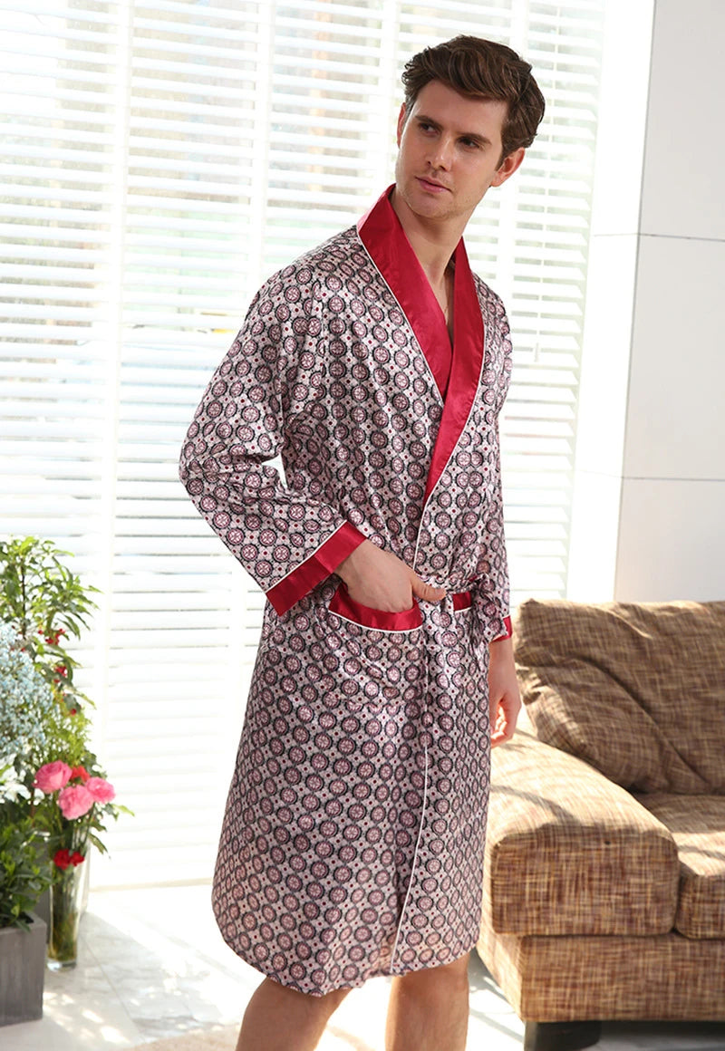 New Arrival Luxury Designer Men's Silk Kimono Robe Novelty Long Sleeve Sleepwear Bathrobe Satin Nightgown Summer Home Clothing