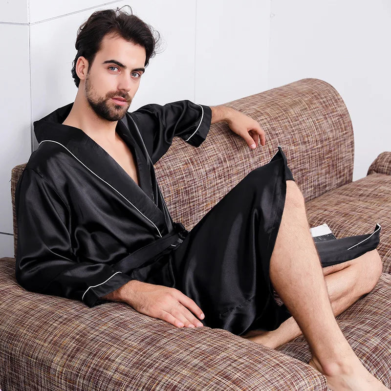 New Arrival Luxury Designer Men's Silk Kimono Robe Novelty Long Sleeve Sleepwear Bathrobe Satin Nightgown Summer Home Clothing