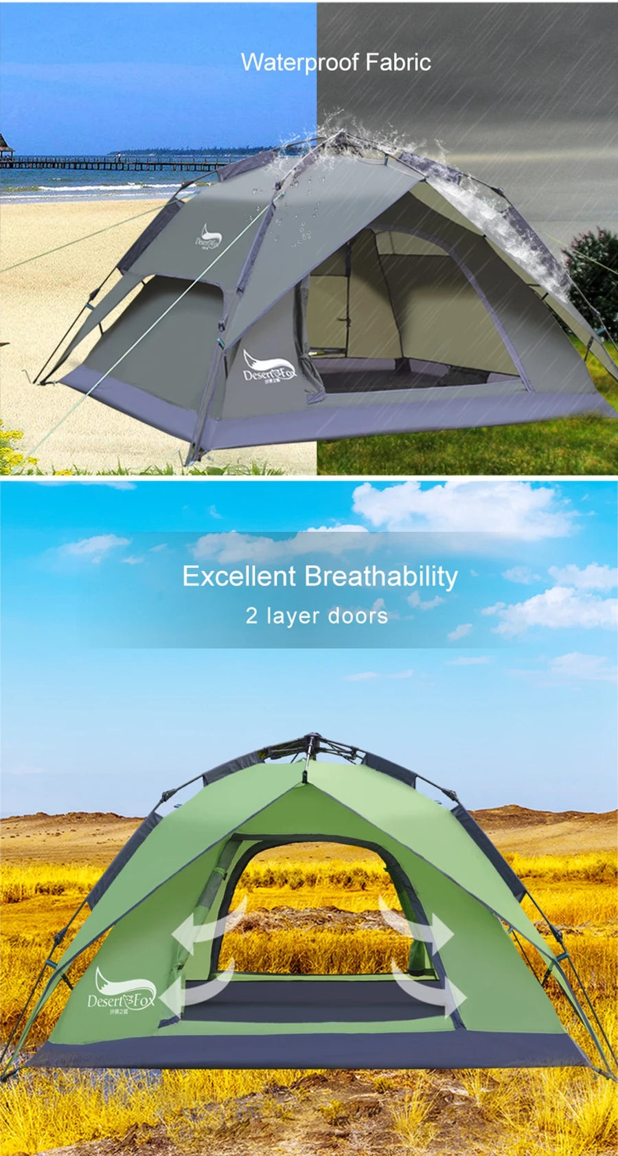 Desert&Fox Automatic Tent 3-4 Person Camping Tent,Easy Instant Setup Protable Backpacking for Sun Shelter,Travelling,Hiking