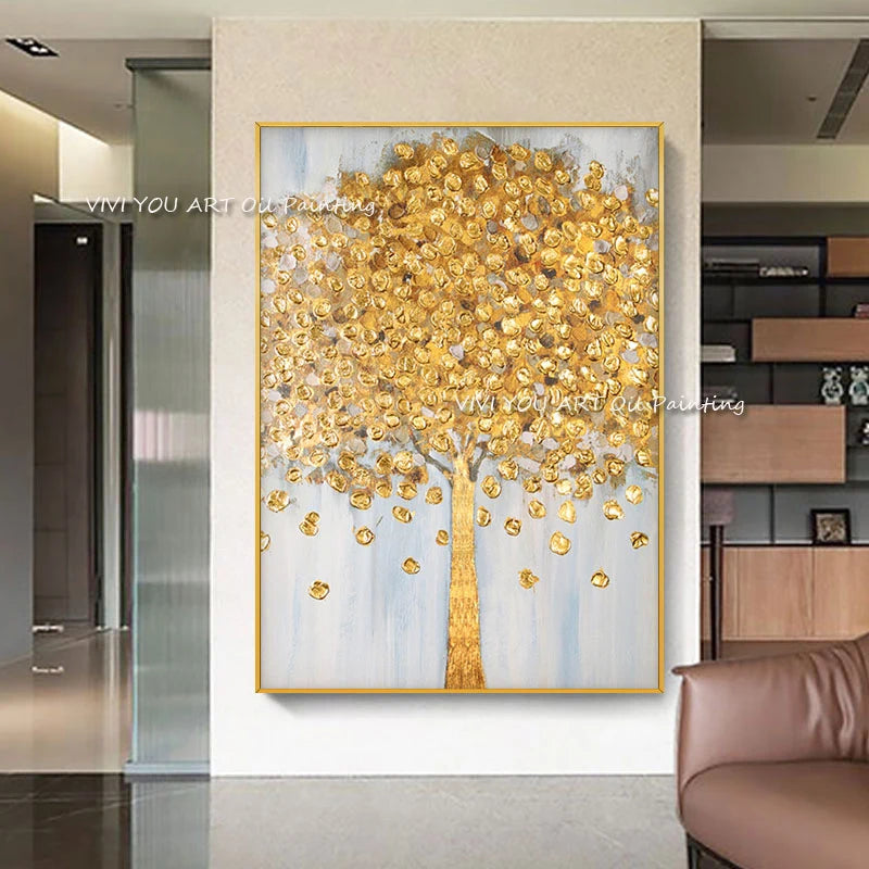 Handpainted Abstract Gold Tree Nature Oil Paintings Painting Wall for Home Fall Leaf Forest Landscape Decor