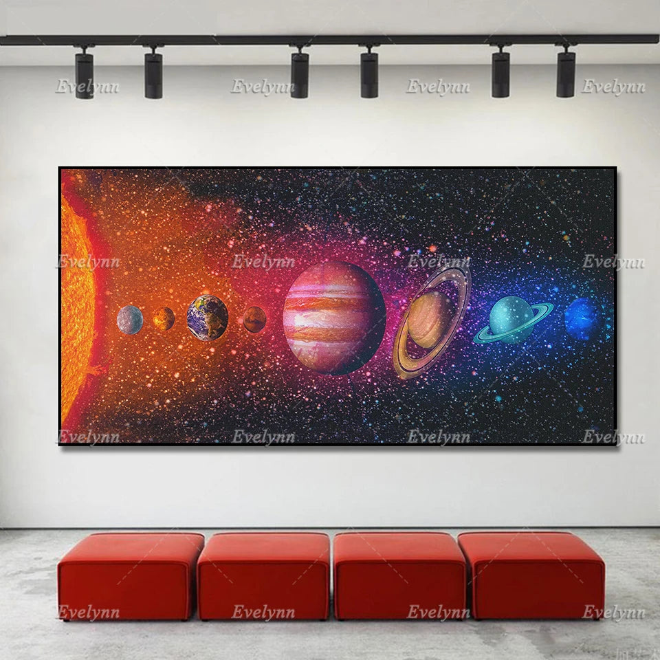 Solar System Art Print Canvas-Colorful Planets-Galaxy Stars Statement Fine Art Wall Painting- Astronomy Outer Space Postrt Decor