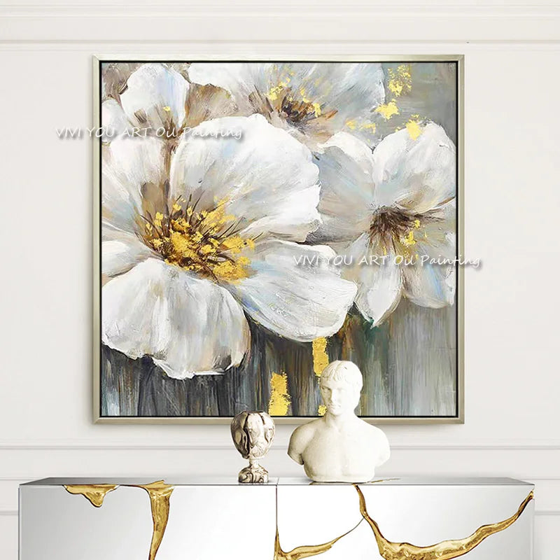 Handpainted Abstract Big White Flower Canvas Painting Modern Picture for Living Room Aisle Fashion Wall Art Picture Gifts