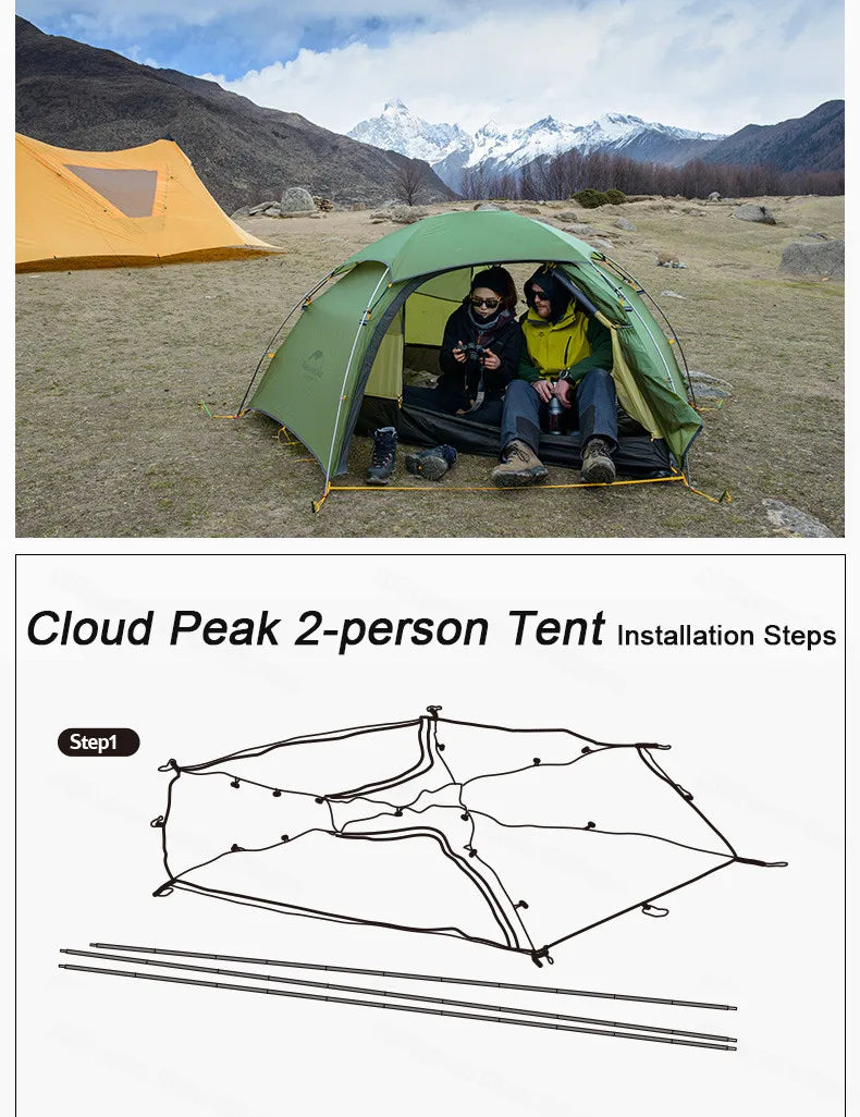 Naturehike Cloud Peak 2 Camping Tent 2-Person 20D Waterproof Ultralight Outdoor Travel Double Layer Tent 4-Season Use