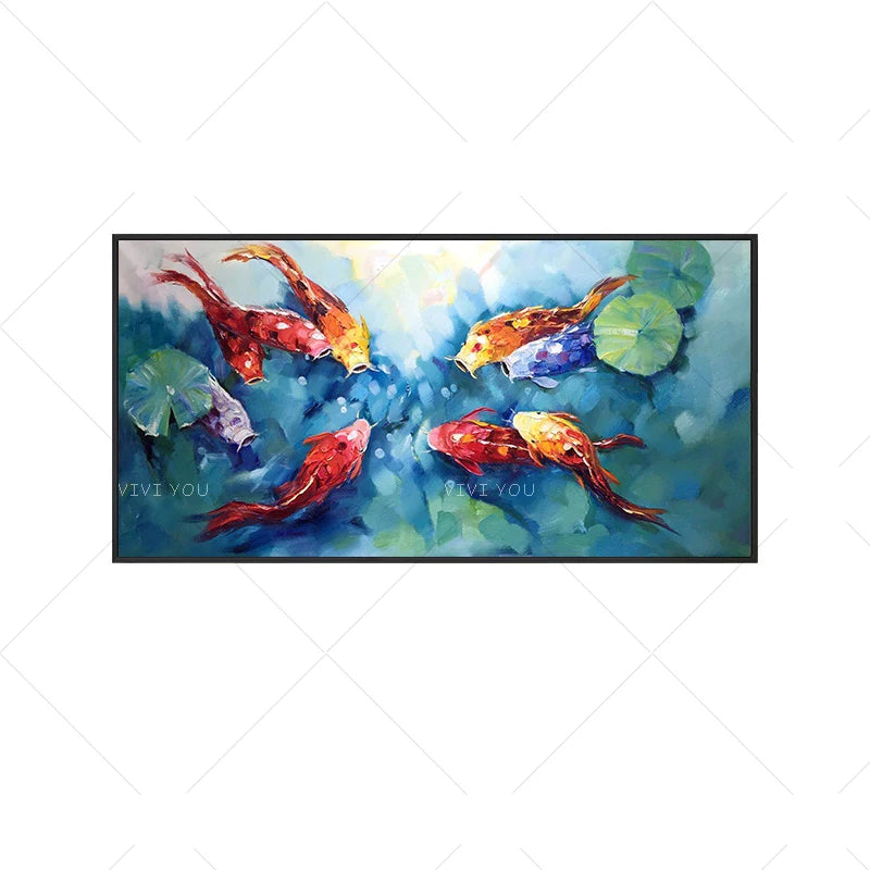 Canvas Wall Decoration 100％Hand-painted Fishes Wall Picture Oil Painting Frameless Artwork For Living Room