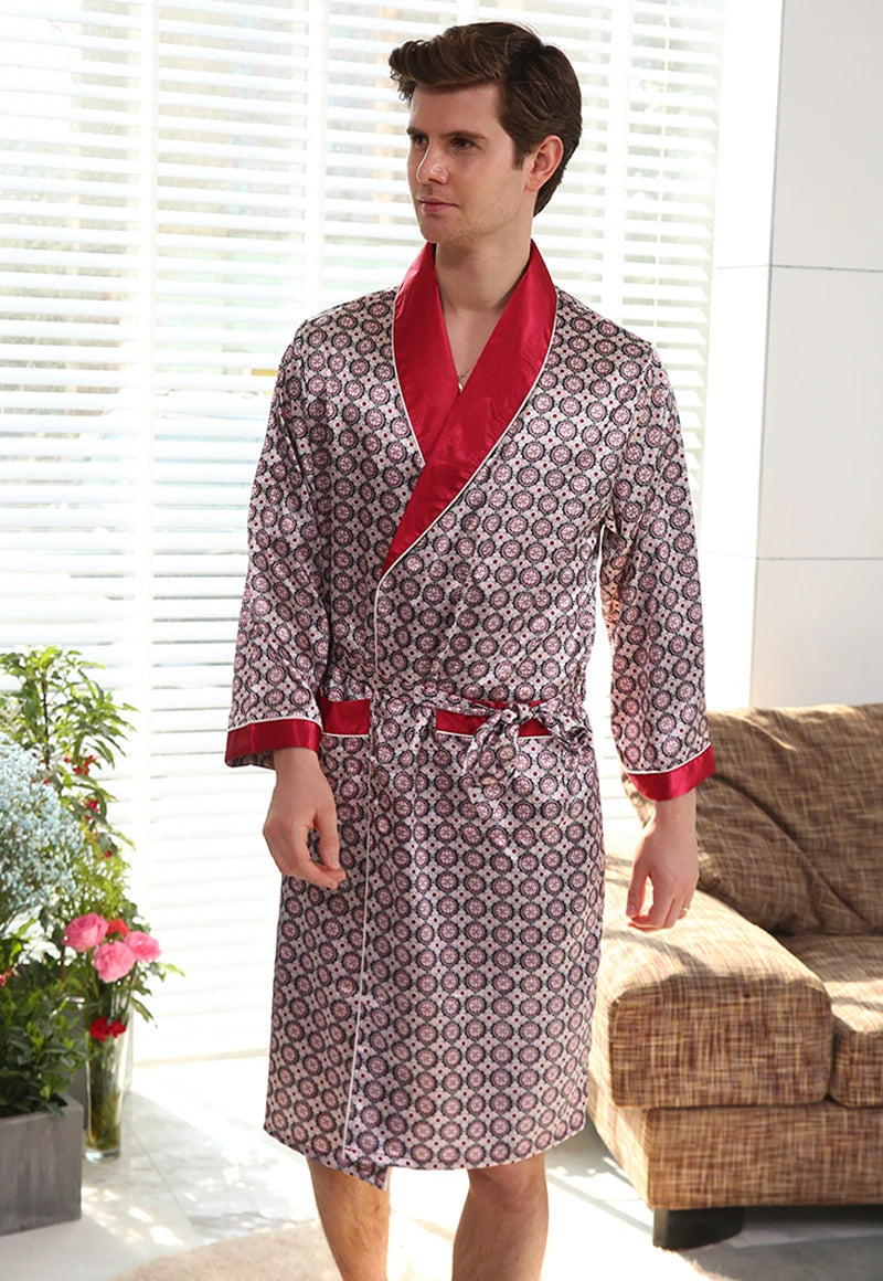 New Arrival Luxury Designer Men's Silk Kimono Robe Novelty Long Sleeve Sleepwear Bathrobe Satin Nightgown Summer Home Clothing