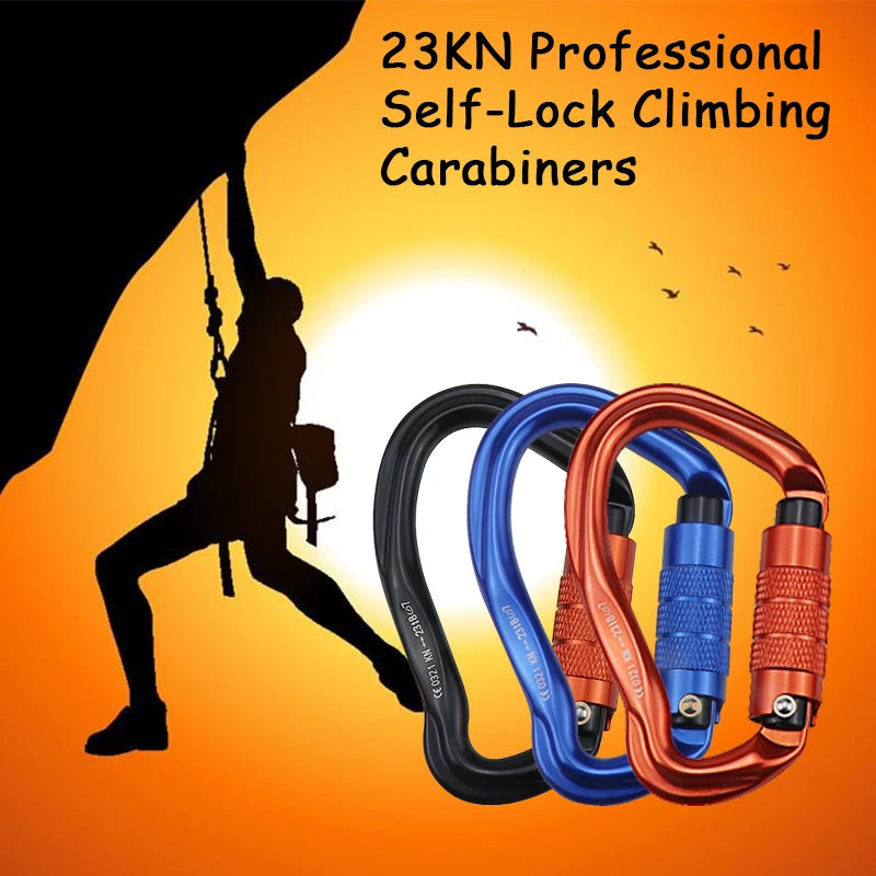 23KN Professional Rock Climbing Carabiner Safety Auto Lock Pear-shape Safety Buckle Hiking Survival Kit Protective Equipment