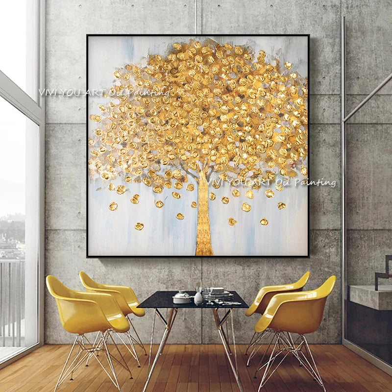 Handpainted Abstract Gold Tree Nature Oil Paintings Painting Wall for Home Fall Leaf Forest Landscape Decor