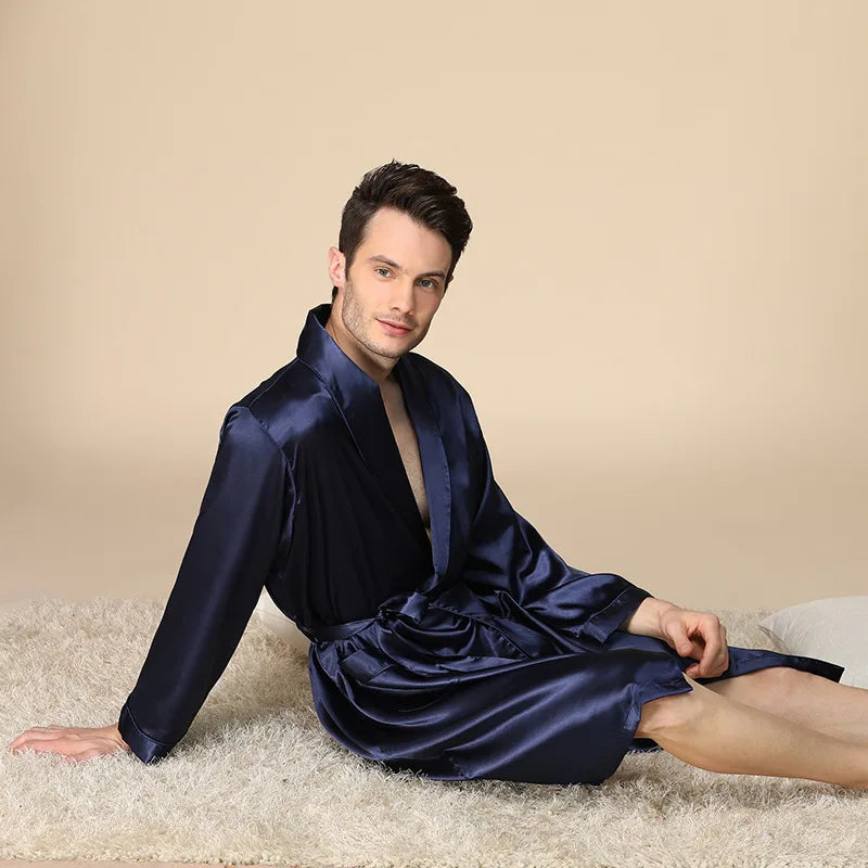 New Design High-quality Satin Silk Sleepwear Bathrobe Nightgown Kimono Men Solid Color Nightwear Pajama Male Robe халат мужской