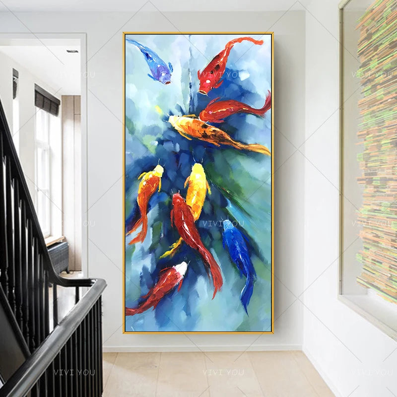 Canvas Wall Decoration 100％Hand-painted Fishes Wall Picture Oil Painting Frameless Artwork For Living Room