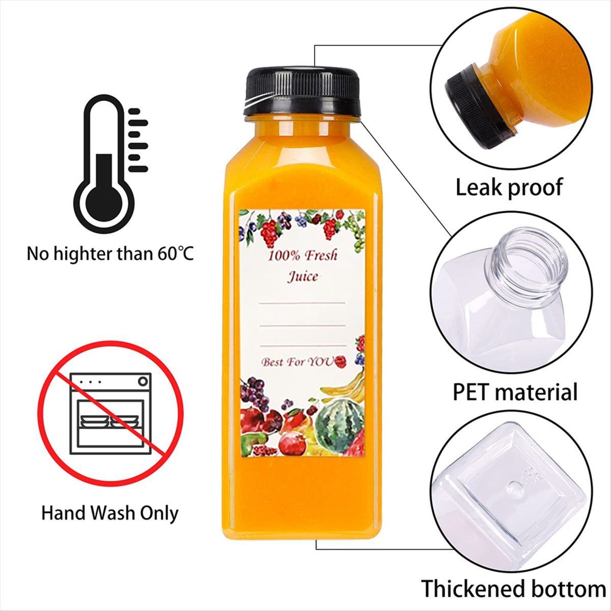 20Pcs 12oz Empty Plastic Juice Bottles with Caps,Reusable Water Bottles, Clear Containers with Black Tamper Evident Lids