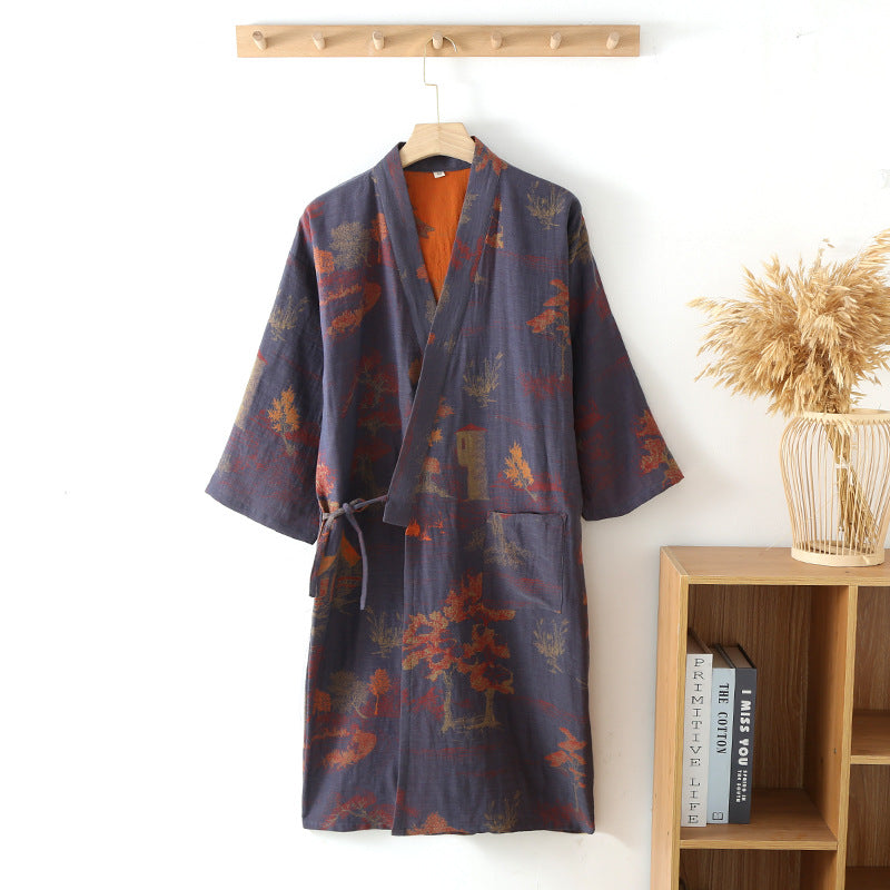 Blue Green Colors Printed Robe for Men Cotton Kimono Men Bathrobe for Spring and Summer Autumn Cotton Long Style Men Kimono Robe