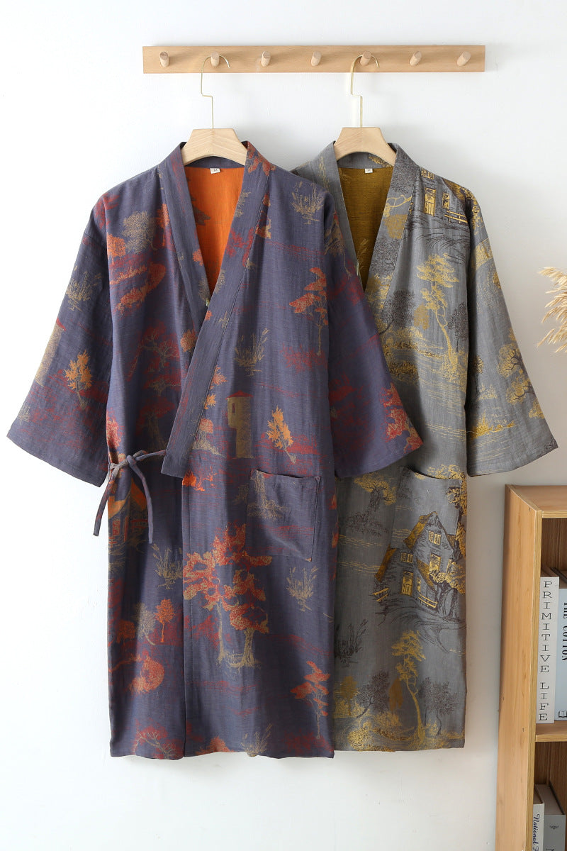 Blue Green Colors Printed Robe for Men Cotton Kimono Men Bathrobe for Spring and Summer Autumn Cotton Long Style Men Kimono Robe