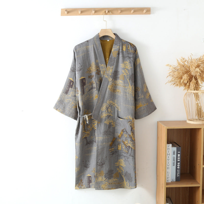 Blue Green Colors Printed Robe for Men Cotton Kimono Men Bathrobe for Spring and Summer Autumn Cotton Long Style Men Kimono Robe