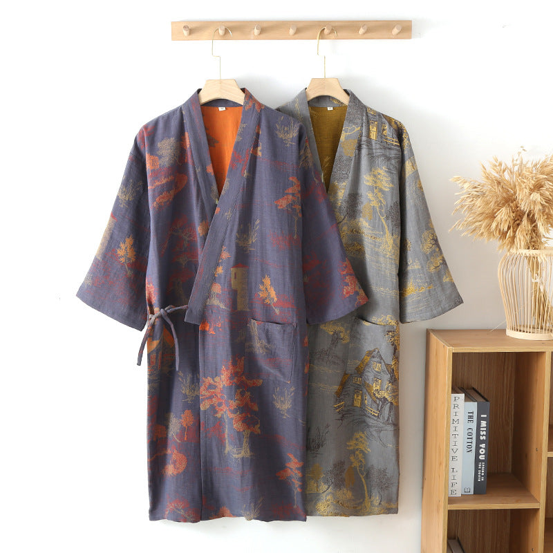 Blue Green Colors Printed Robe for Men Cotton Kimono Men Bathrobe for Spring and Summer Autumn Cotton Long Style Men Kimono Robe