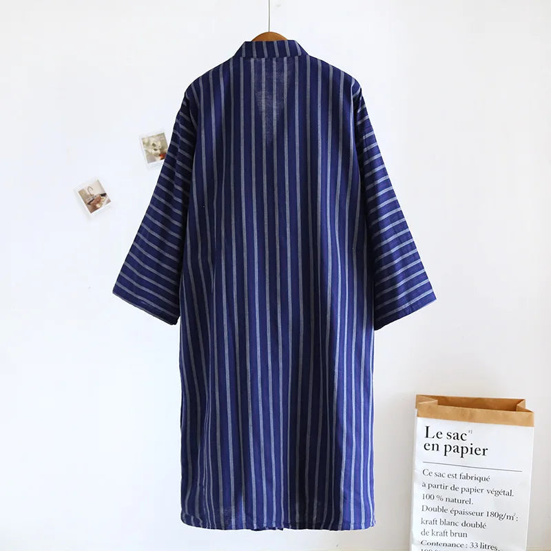 Japanese Double-layer Cotton Striped Design Men's Kimono Lace Up Bathrobes for Spring and Autumn Thin Home Wear Men's Robe