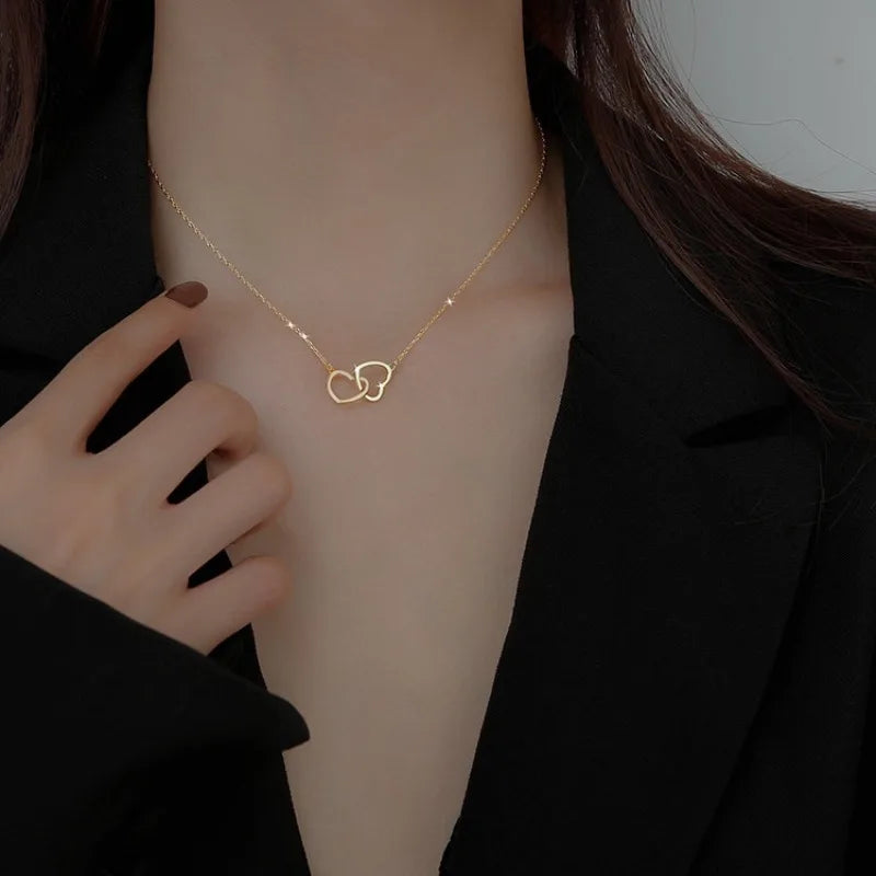 Simple Double Heart Pendant Necklace for Women Couple Zinc Alloy Choker Gold Color Chain Wedding Party Friends Jewelry Gift