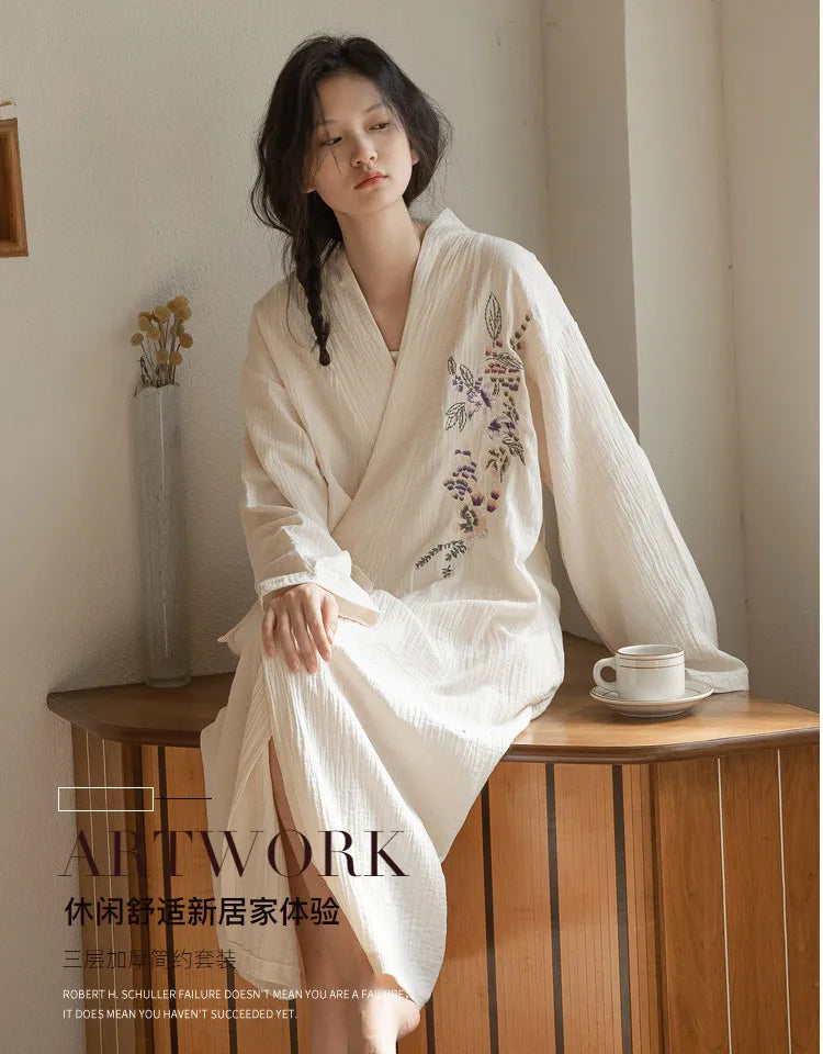 Autumn Robes Women Lovely Floral Chic Lace-up Design Fashion Japanese Style Cozy Long Sleeved Sleepwear Midi Night Ladies Daily