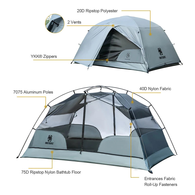 OneTigris COSMITTO 2.0 Backpacking Tent 3-Season Easy Setup Instant 2 Person Camping Tent For Hiking Trekking Fishing