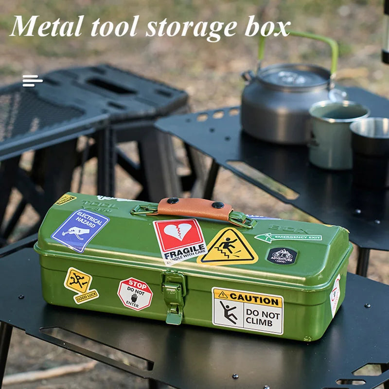 Outdoor CampingToolbox with Stickers Miscellaneous Waterproof Storage Box Portable Handheld Metal Storage Box