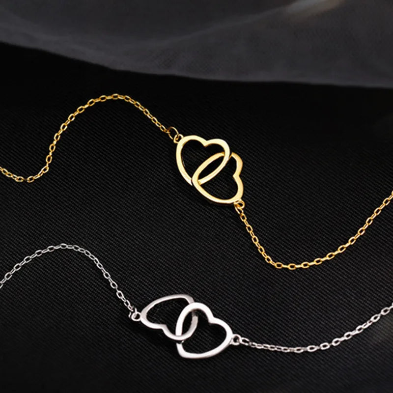 Simple Double Heart Pendant Necklace for Women Couple Zinc Alloy Choker Gold Color Chain Wedding Party Friends Jewelry Gift