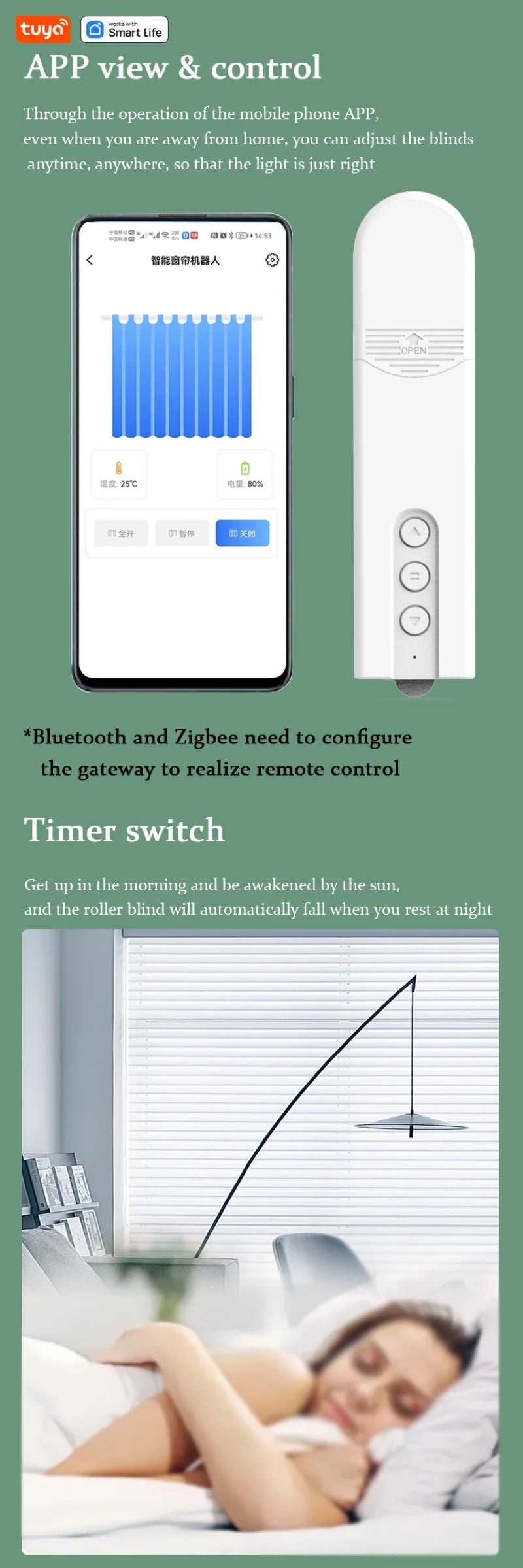 Tuya BT Remote Control Automatic Blinds Drawstring Sunshade Electric Curtain, APP Control Timer Switch Temperature Sensor Off