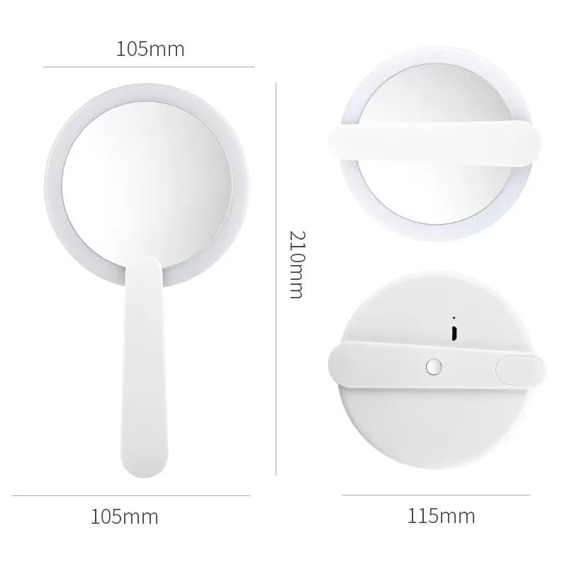 LED Rotary Switch Cosmetic Handle Makeup Mirror Heart Mirror Woman Pink White USB Charge Cute Convenient Hand Held Luxury Round