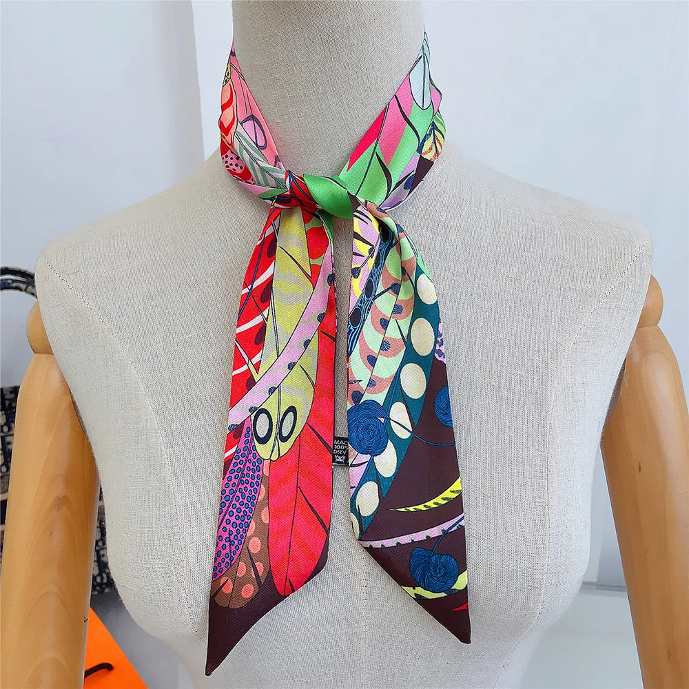 Fashion Skinny Small Silk Scarf Women Luxury Feather Print Headband Women's Bags Accessories Long Striped Neck Scarf Shawl