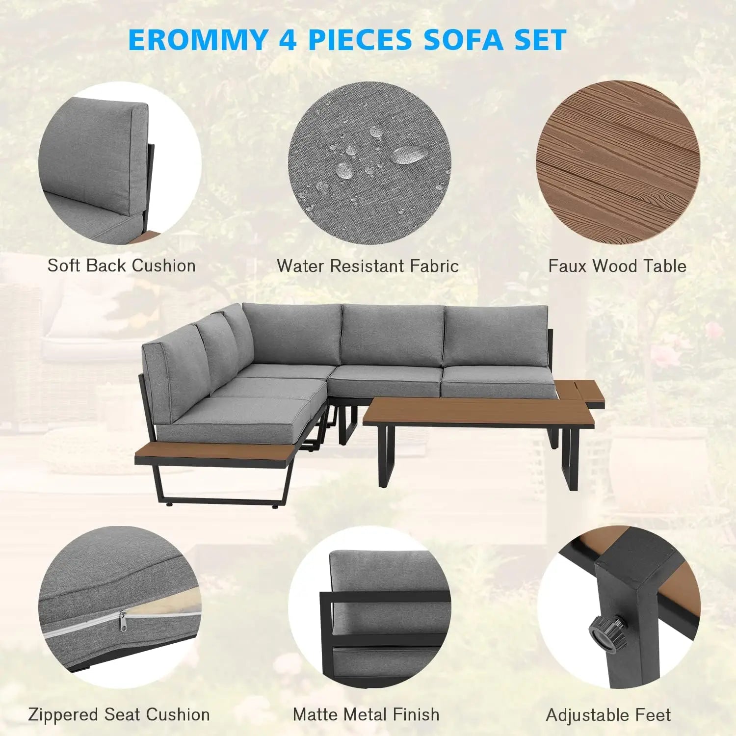 EROMMY 4 Pieces Outdoor Sectional Sofa Set with Coffee Table, 91''×91'' Extra Large L-Shaped Metal Conversation Set with All-Wea