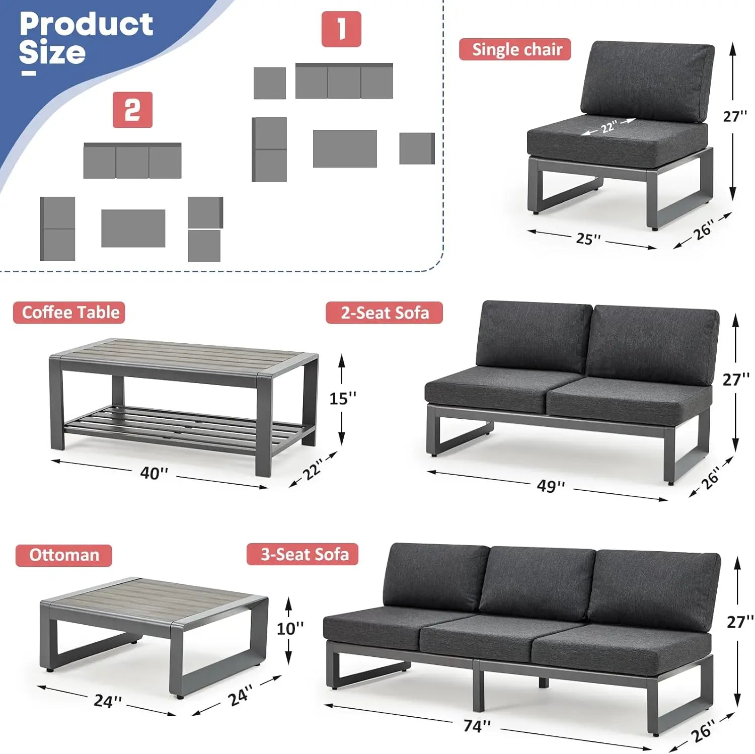 6 Pcs Modern Aluminum Patio Furniture Set with Coffee Table Outdoor Luxury Conversation Sofa Set