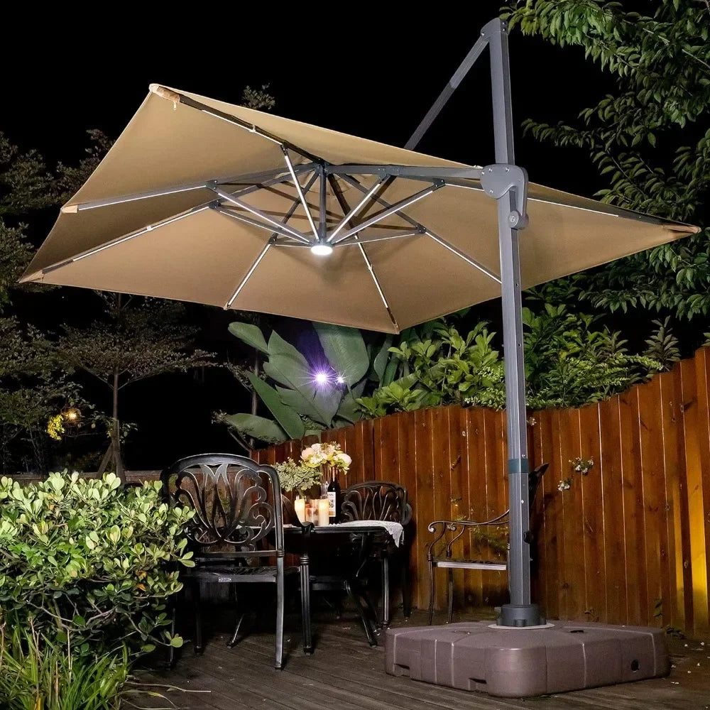 Solar Powered LED Patio Umbrella Square Deluxe Offset Umbrella 360°Rotation  & LED lights for Market Garden Deck Pool