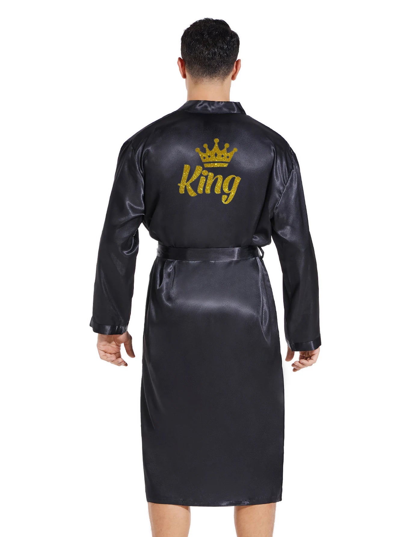 King queen glitter writing men women robe satin crown design honeymoon couple queen kimono robes