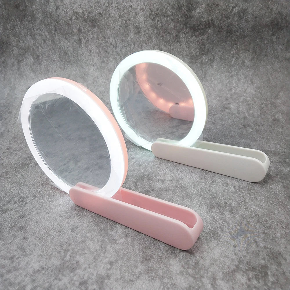 USB Charge  Woman LED Rotary Switch Makeup Mirror Heart Mirror Pink WhiteCute Convenient Hand Held Luxury Round Private Label