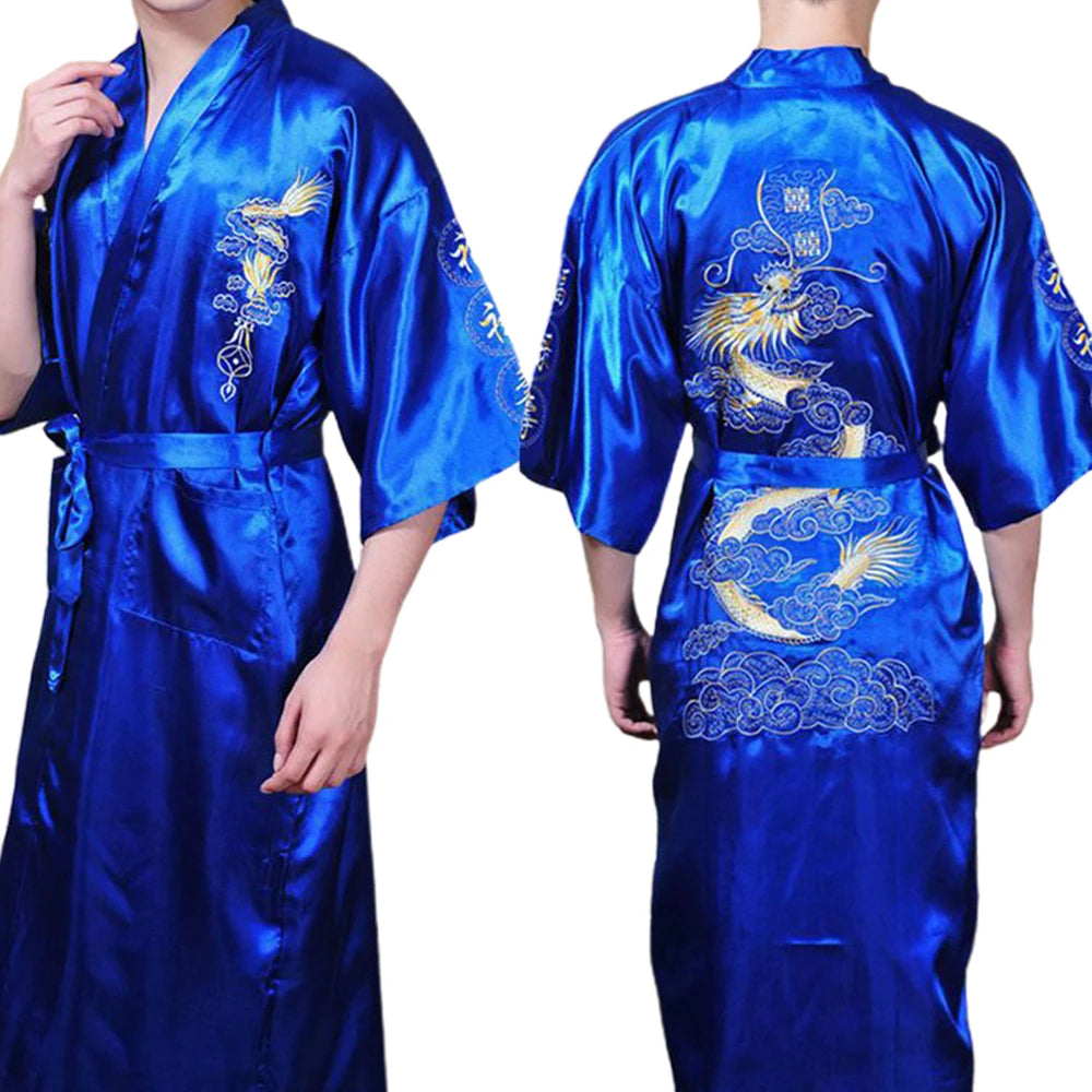 Satin Sleepwear Gown for Men, Chinese Dragon Design, Silk Kimono Bathrobe, M 2XL, Available in Multiple Colors