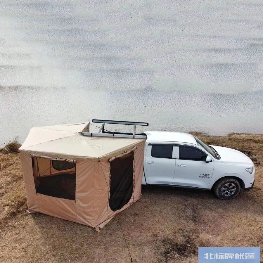 Outdoor self-driving five-angle 270-degree awning with cloth on the top side and double-axis fan-shaped tent with curtain a