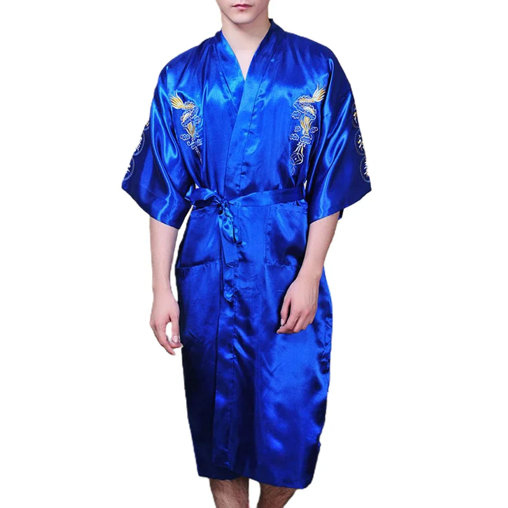 Silk Kimono Bathrobe, Chinese Dragon Design, Men's Sleepwear Gown, Satin Fabric, Navy Blue/Red/White/Black/Blue