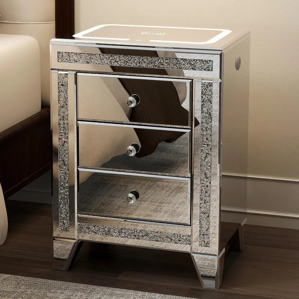 Silver Mirrored Nightstand with LED & Wireless Charging