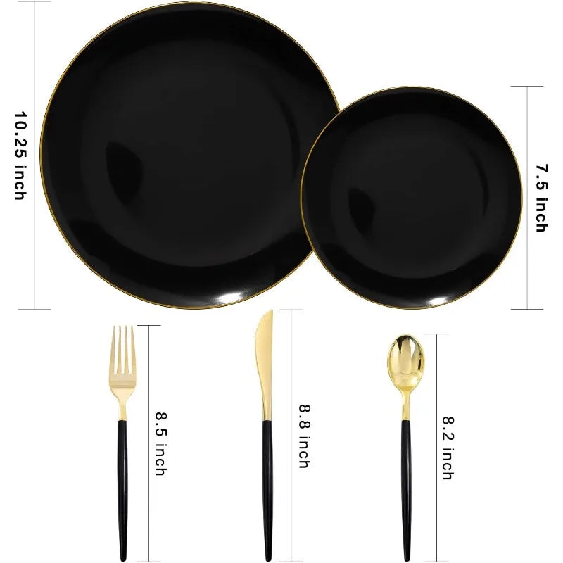 150PCS Black Plastic Plates - Black and Gold Disposable Plates - Premium Heavyweight Gold Plastic Dinnerware