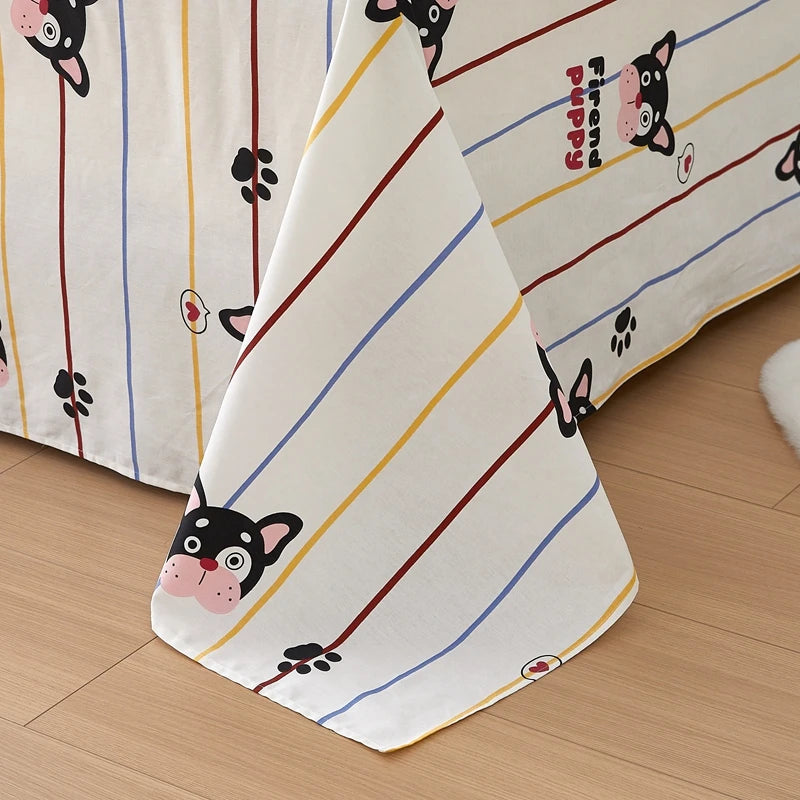 Cartoon Dog Flat Sheet Twin Queen Kawaii Bulldog Puppy Bed Sheet Set 100% Cotton Stripe Paw Print Bed Cover with 2 Pillowcase