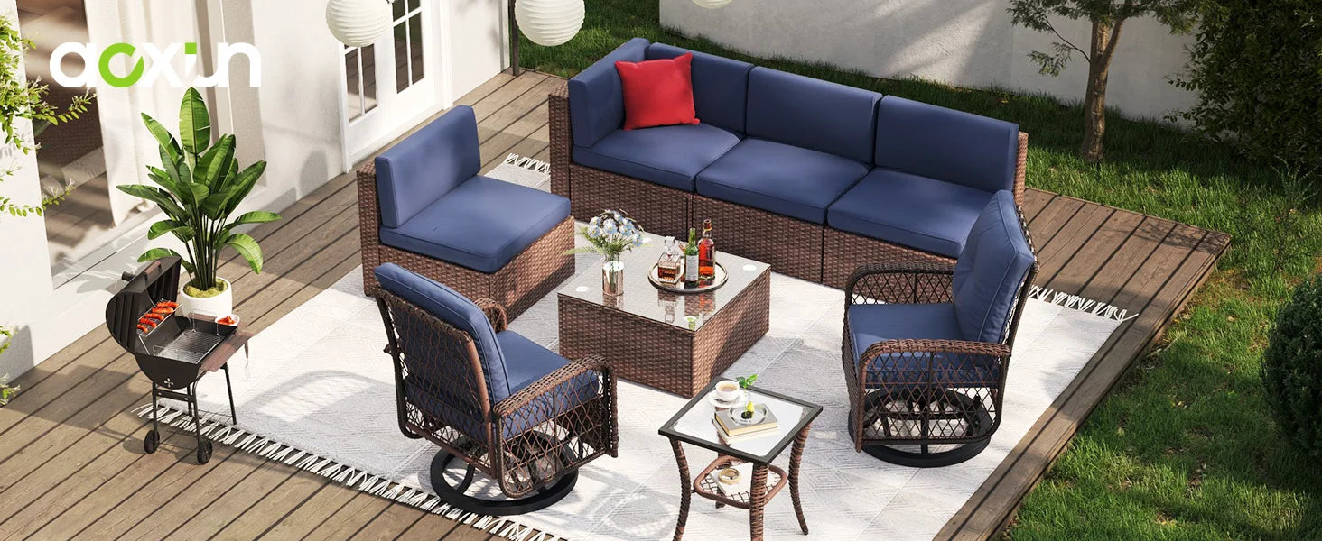 8-Piece Outdoor Patio Furniture Set -Sectional Wicker Rattan Conversation Set with Swivelling Chairswith Small physiques- Blue