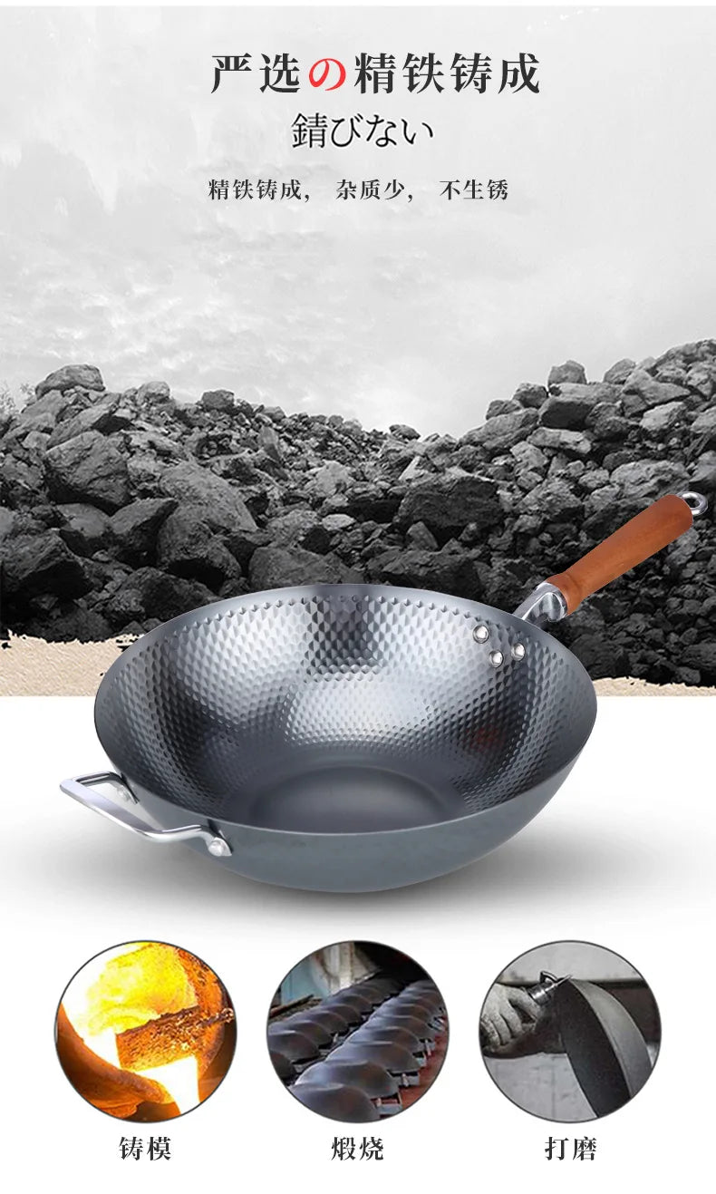 32cm Hand-forged Iron Wok household cooking pot uncoated Cookware Non-stick Thickened Iron Wok High-end Frying Pan