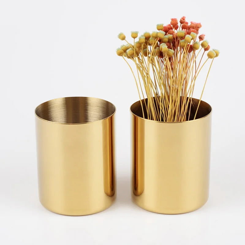 20pcs 400ml Nordic Style Brass Gold Vase Stainless Steel Cylinder Pen Holder for Desk Organizers Stand Pencil Pot Holder