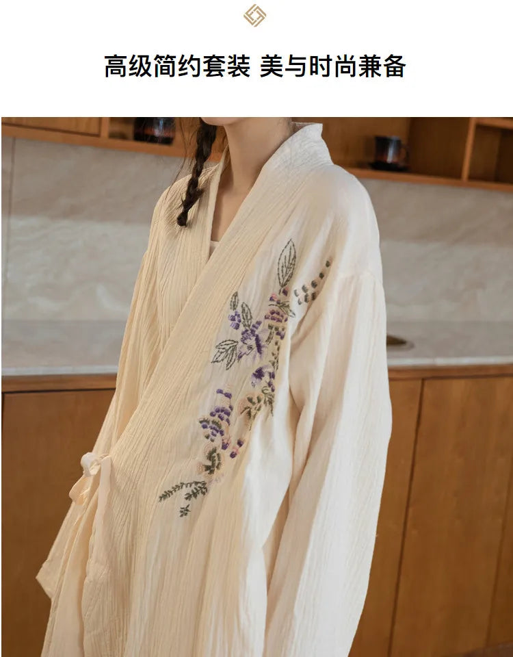 Autumn Robes Women Lovely Floral Chic Lace-up Design Fashion Japanese Style Cozy Long Sleeved Sleepwear Midi Night Ladies Daily