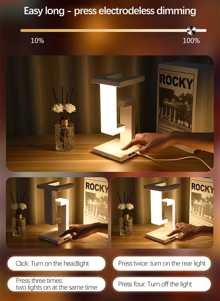 LED Night Lamp Creativity Physics Balance Suspension Table Desk Lamp Wireless Charger Decoration Home Bedroom Room Decor Light