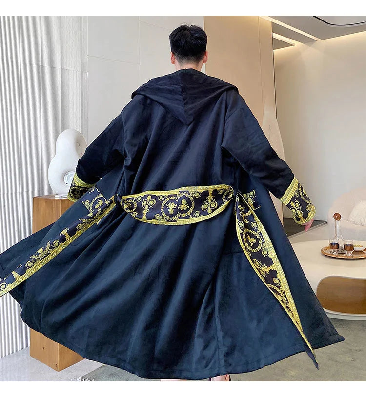 IEFB Winter Thickened Comfortable Velvet Light Luxury Hooded Long Nightgown Men's Fashion Robes Belted Warm Clothes 9Y9924