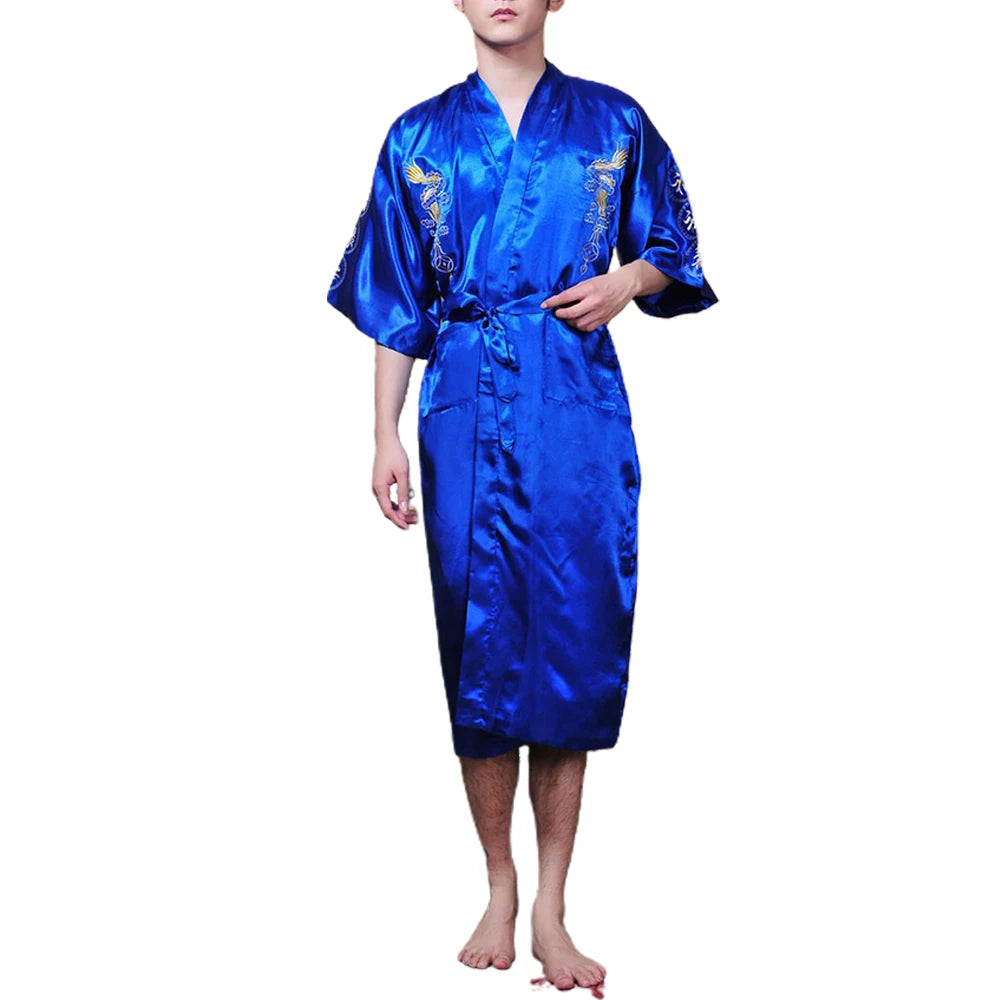 Satin Sleepwear Gown for Men, Chinese Dragon Design, Silk Kimono Bathrobe, M 2XL, Available in Multiple Colors