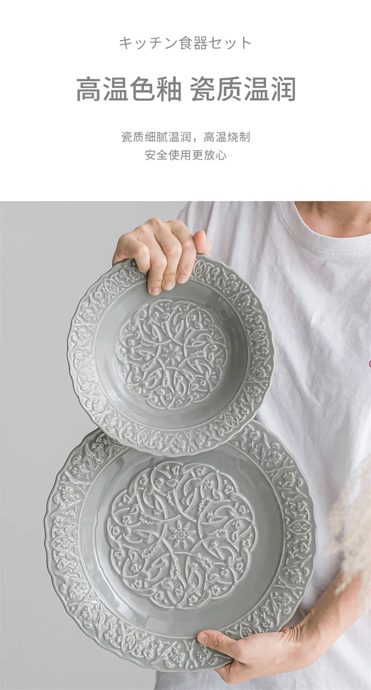 Tableware Ceramic Dishes Set Grey Modern Household Rice Bowls Plates Premium Western Food Plates