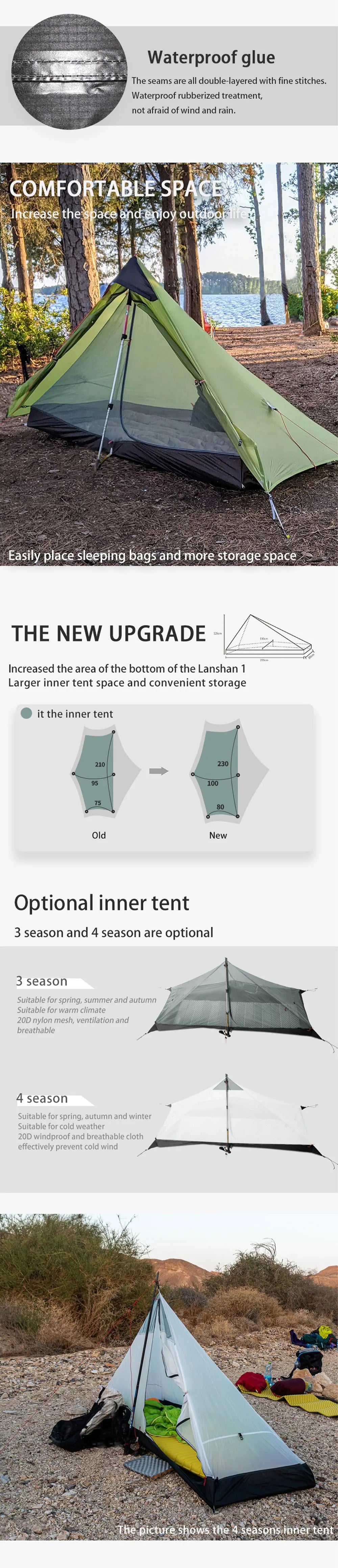 Lanshan-Silnylon Rodless Tent, 230cm, 3F UL GEAR, 1 Ultralight Camping, 3/4 Season, 15D, New Version, 2023