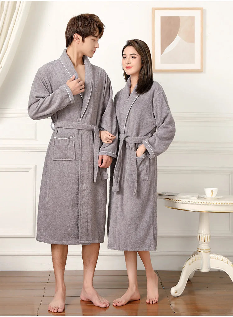 100% Cotton Couples Long Thick Absorbent Terry Bath Robe Kimono Men Light Weight Towel Bathrobe Sleepwear Women Hotel Gown Robes