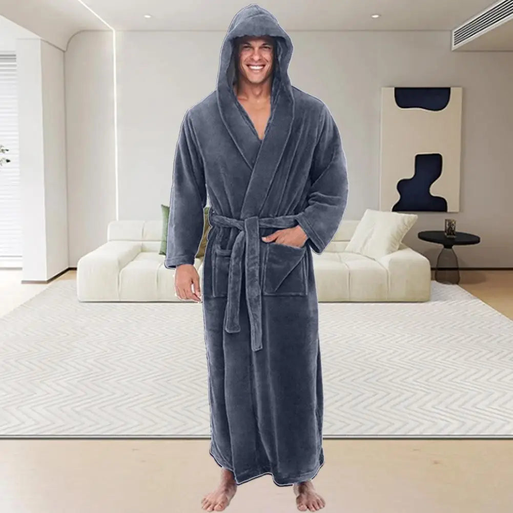 Soft Bathrobe Super Soft Fluffy Men's Hooded Bathrobe with Adjustable Belt Highly Absorbent Solid Color Design with Convenient